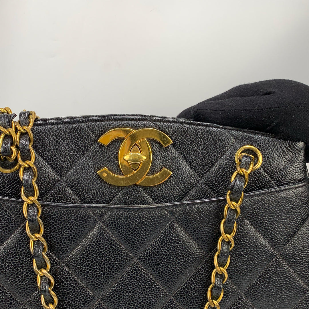 Chanel Vintage Black Caviar Leather Quilted Tote Bag Oversized CC Turnlock