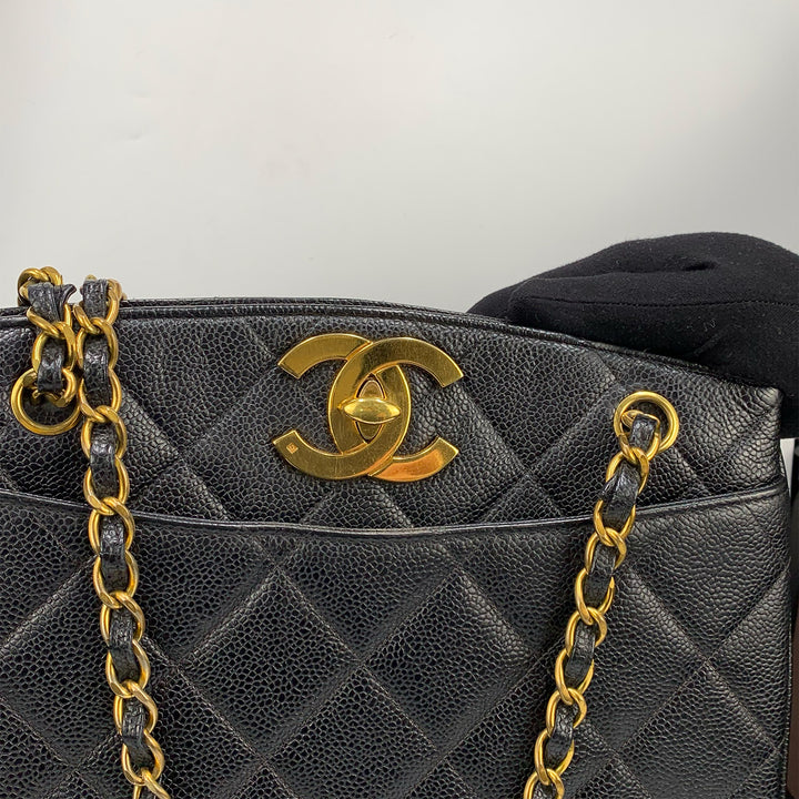 Chanel Vintage Black Caviar Leather Quilted Tote Bag Oversized CC Turnlock