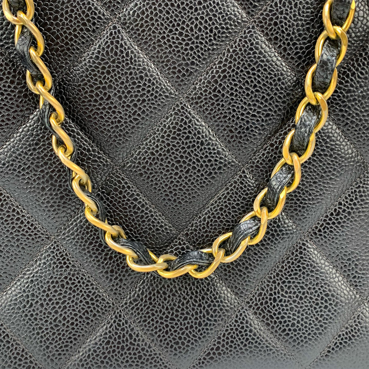 Chanel Vintage Black Caviar Leather Quilted Tote Bag Oversized CC Turnlock