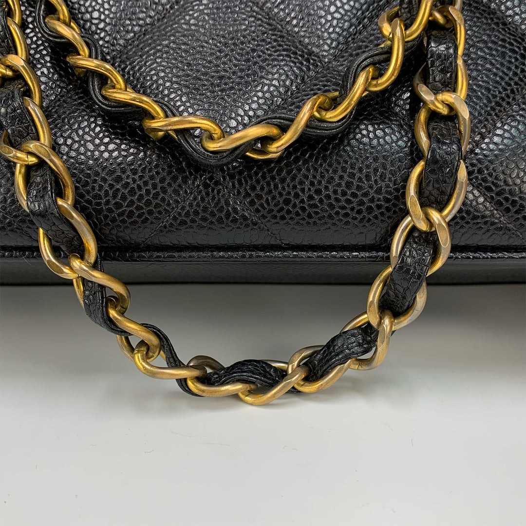 Chanel Vintage Black Caviar Leather Quilted Tote Bag Oversized CC Turnlock