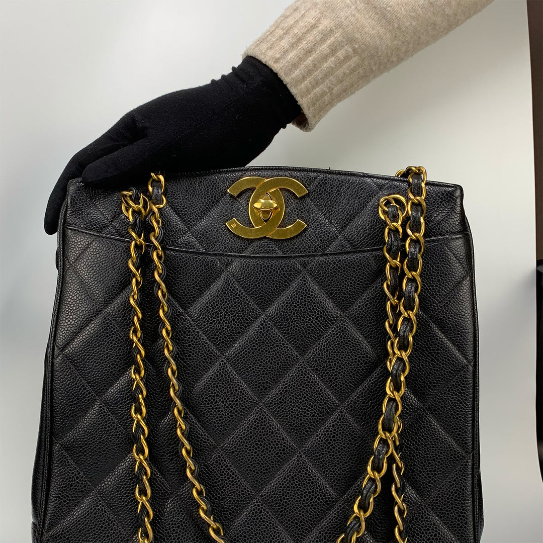 Chanel Vintage Black Caviar Leather Quilted Tote Bag Oversized CC Turnlock