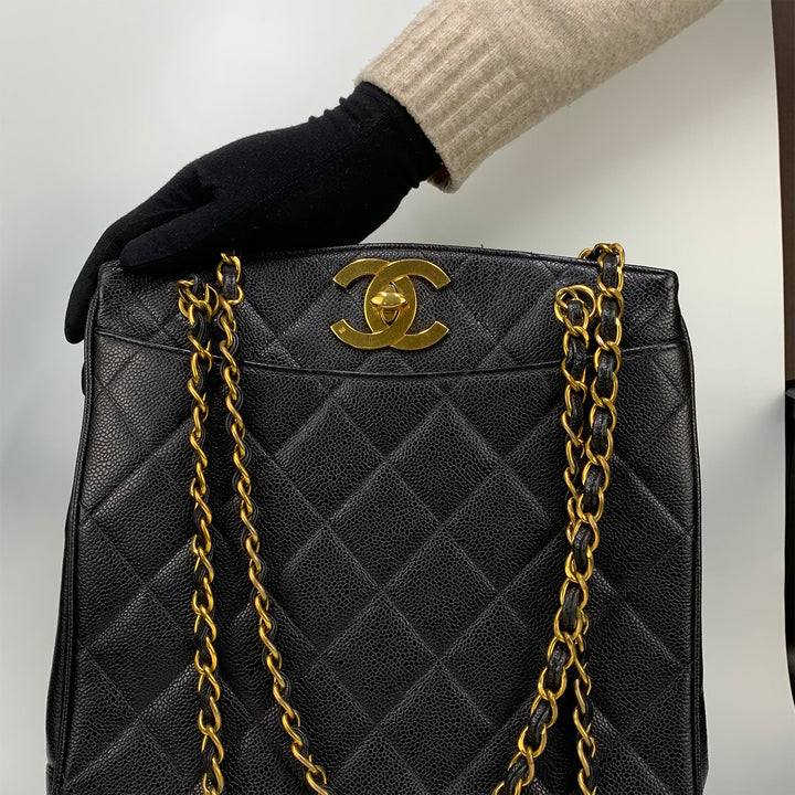 Chanel Vintage Black Caviar Leather Quilted Tote Bag Oversized CC Turnlock