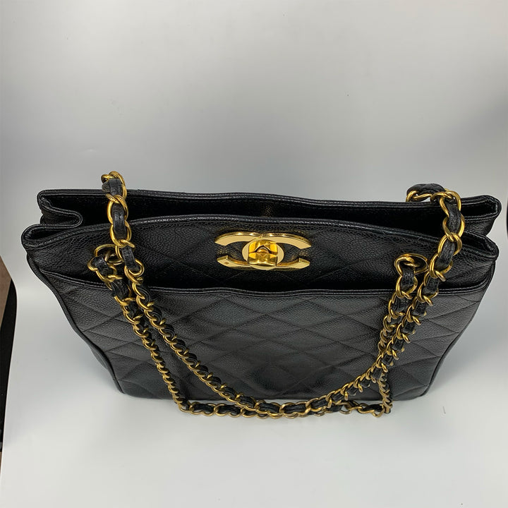 Chanel Vintage Black Caviar Leather Quilted Tote Bag Oversized CC Turnlock