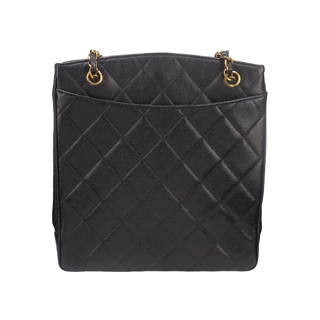 Chanel Vintage Black Caviar Leather Quilted Tote Bag Oversized CC Turnlock