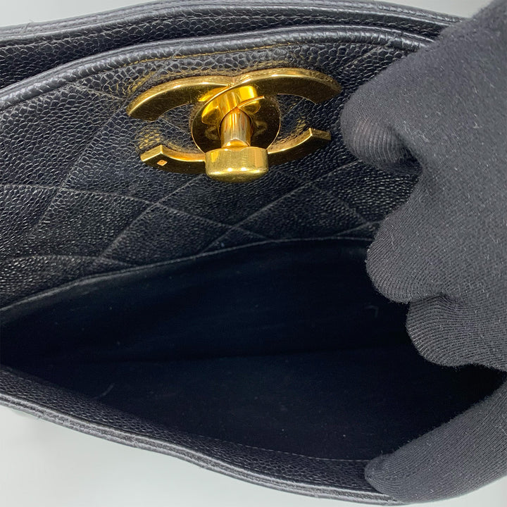 Chanel Vintage Black Caviar Leather Quilted Tote Bag Oversized CC Turnlock