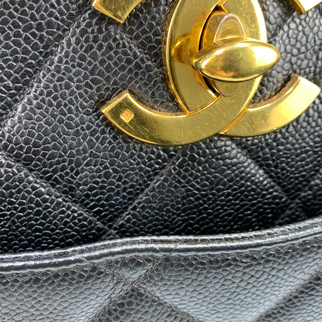 Chanel Vintage Black Caviar Leather Quilted Tote Bag Oversized CC Turnlock