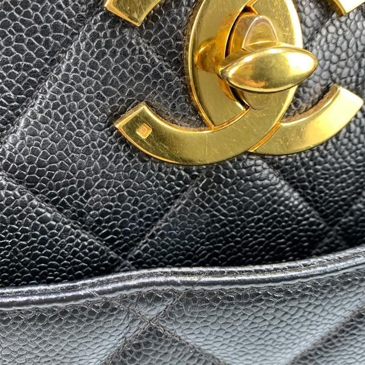 Chanel Vintage Black Caviar Leather Quilted Tote Bag Oversized CC Turnlock