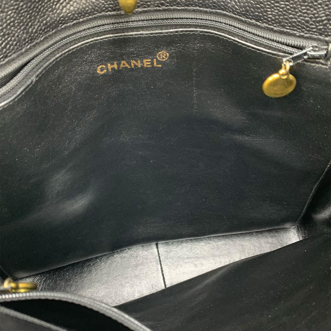 Chanel Vintage Black Caviar Leather Quilted Tote Bag Oversized CC Turnlock
