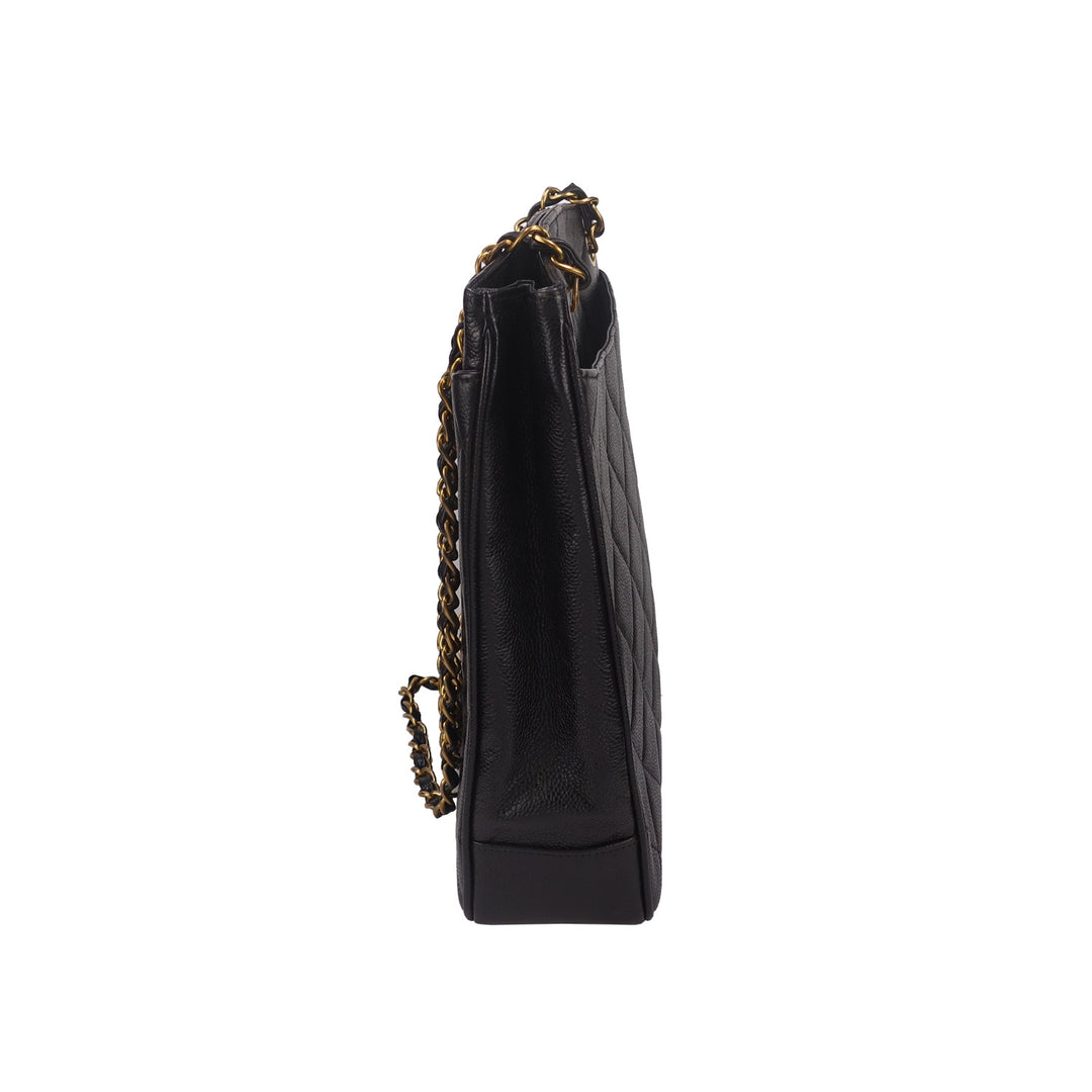 Chanel Vintage Black Caviar Leather Quilted Tote Bag Oversized CC Turnlock
