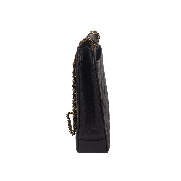 Chanel Vintage Black Caviar Leather Quilted Tote Bag Oversized CC Turnlock