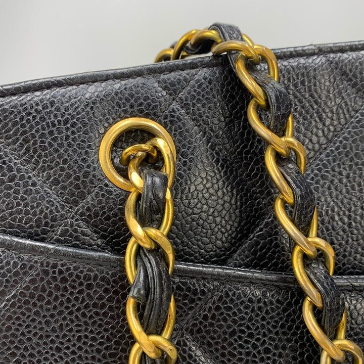 Chanel Vintage Black Caviar Leather Quilted Tote Bag Oversized CC Turnlock