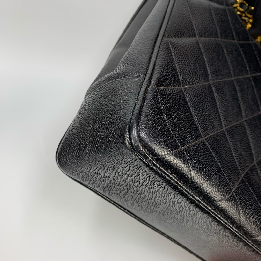 Chanel Vintage Black Caviar Leather Quilted Tote Bag Oversized CC Turnlock