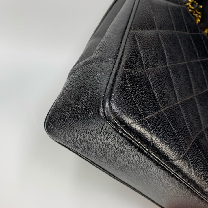 Chanel Vintage Black Caviar Leather Quilted Tote Bag Oversized CC Turnlock