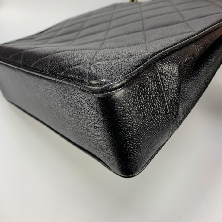 Chanel Vintage Black Caviar Leather Quilted Tote Bag Oversized CC Turnlock