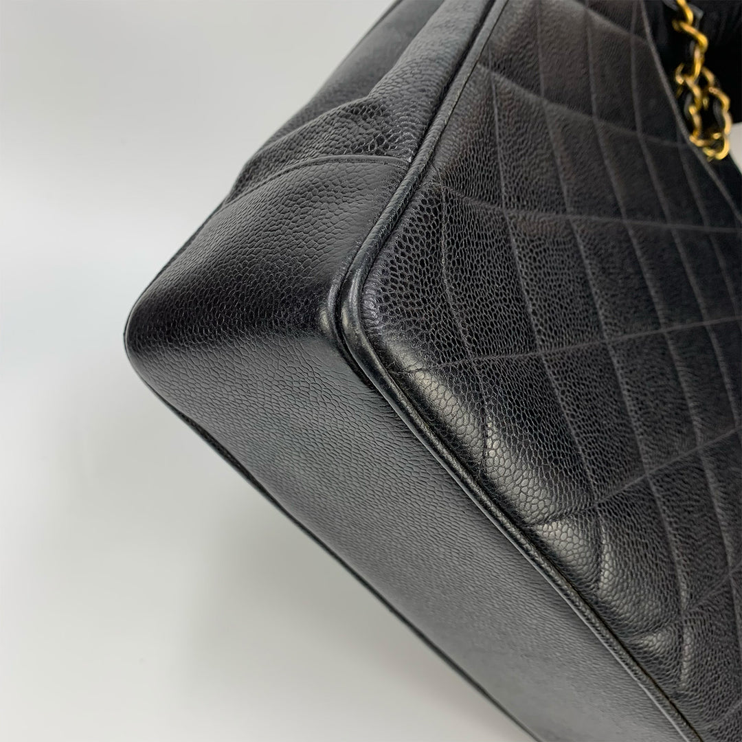 Chanel Vintage Black Caviar Leather Quilted Tote Bag Oversized CC Turnlock