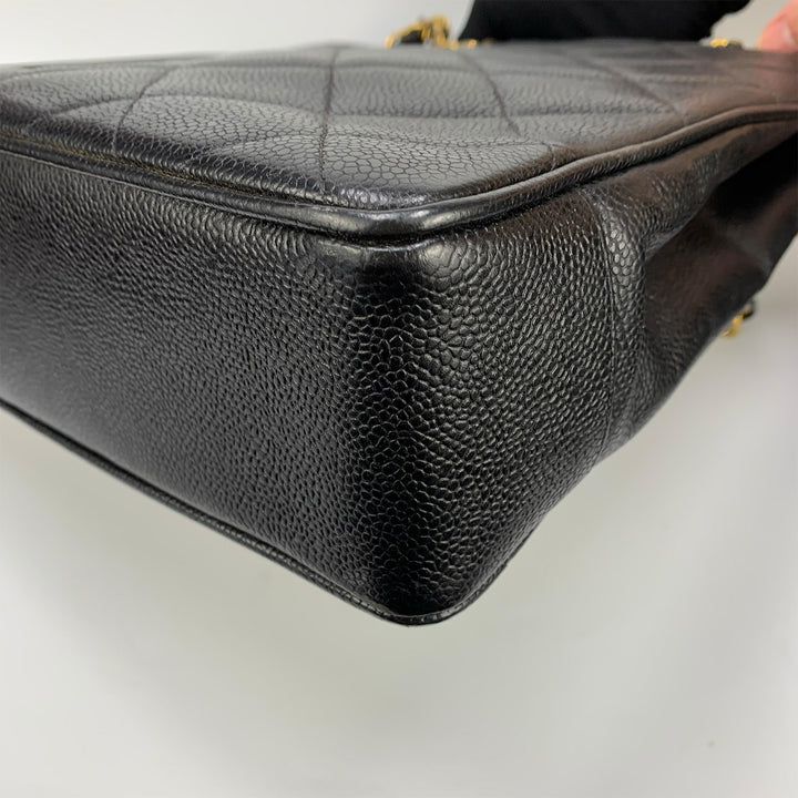 Chanel Vintage Black Caviar Leather Quilted Tote Bag Oversized CC Turnlock