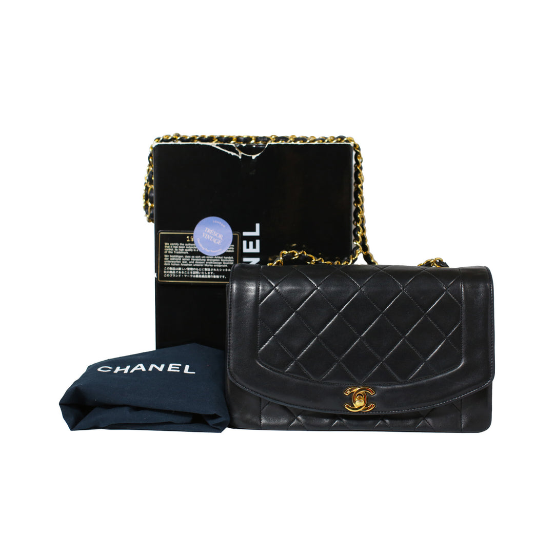 Chanel 1989 - 1991 Lambskin Medium Diana Flap Crossbody Bag in Black with Gold Hardware