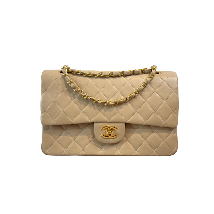 Chanel Vintage Medium Classic Double Flap Bag Beige Lambskin Gold Hardware