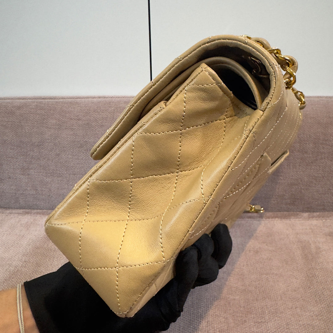 Chanel Vintage Medium Classic Double Flap Bag Beige Lambskin Gold Hardware