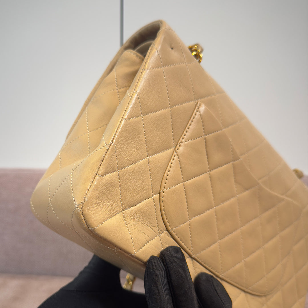 Chanel Vintage Medium Classic Double Flap Bag Beige Lambskin Gold Hardware