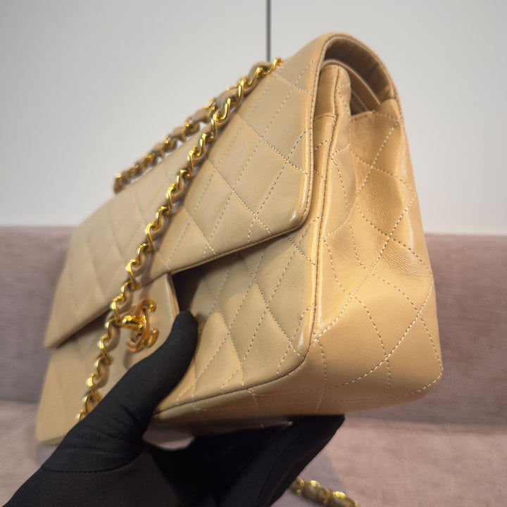 Chanel Vintage Medium Classic Double Flap Bag Beige Lambskin Gold Hardware
