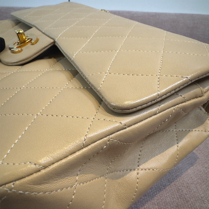 Chanel Vintage Medium Classic Double Flap Bag Beige Lambskin Gold Hardware