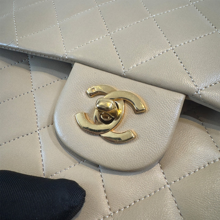 Chanel Vintage Medium Classic Double Flap Bag Beige Lambskin Gold Hardware