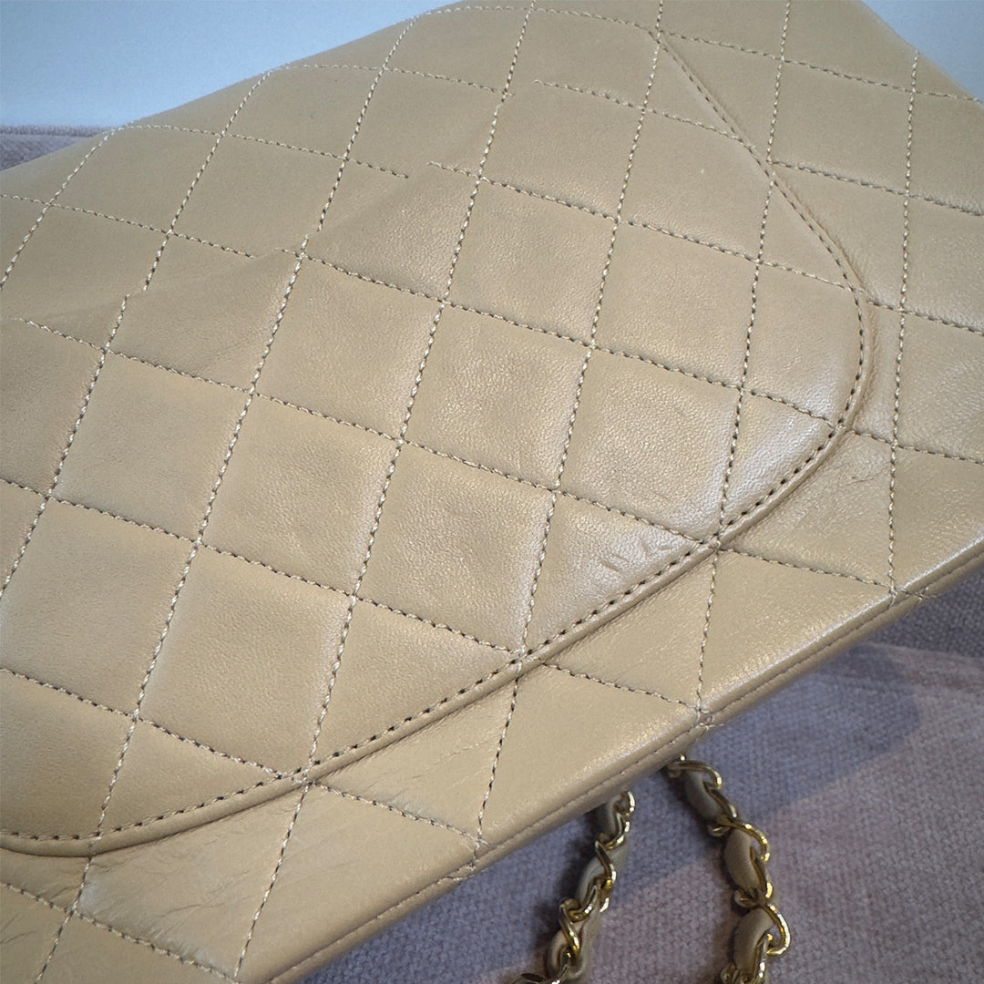 Chanel Vintage Medium Classic Double Flap Bag Beige Lambskin Gold Hardware