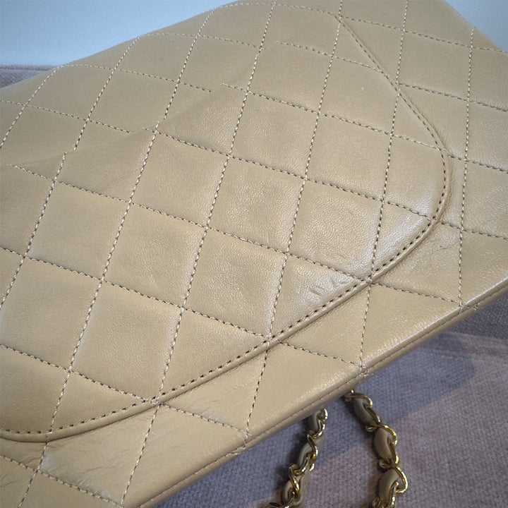 Chanel Vintage Medium Classic Double Flap Bag Beige Lambskin Gold Hardware