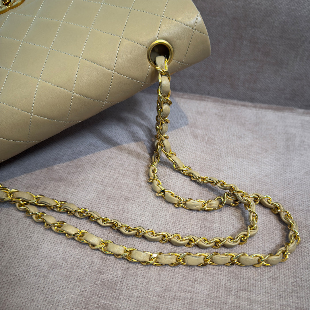 Chanel Vintage Medium Classic Double Flap Bag Beige Lambskin Gold Hardware