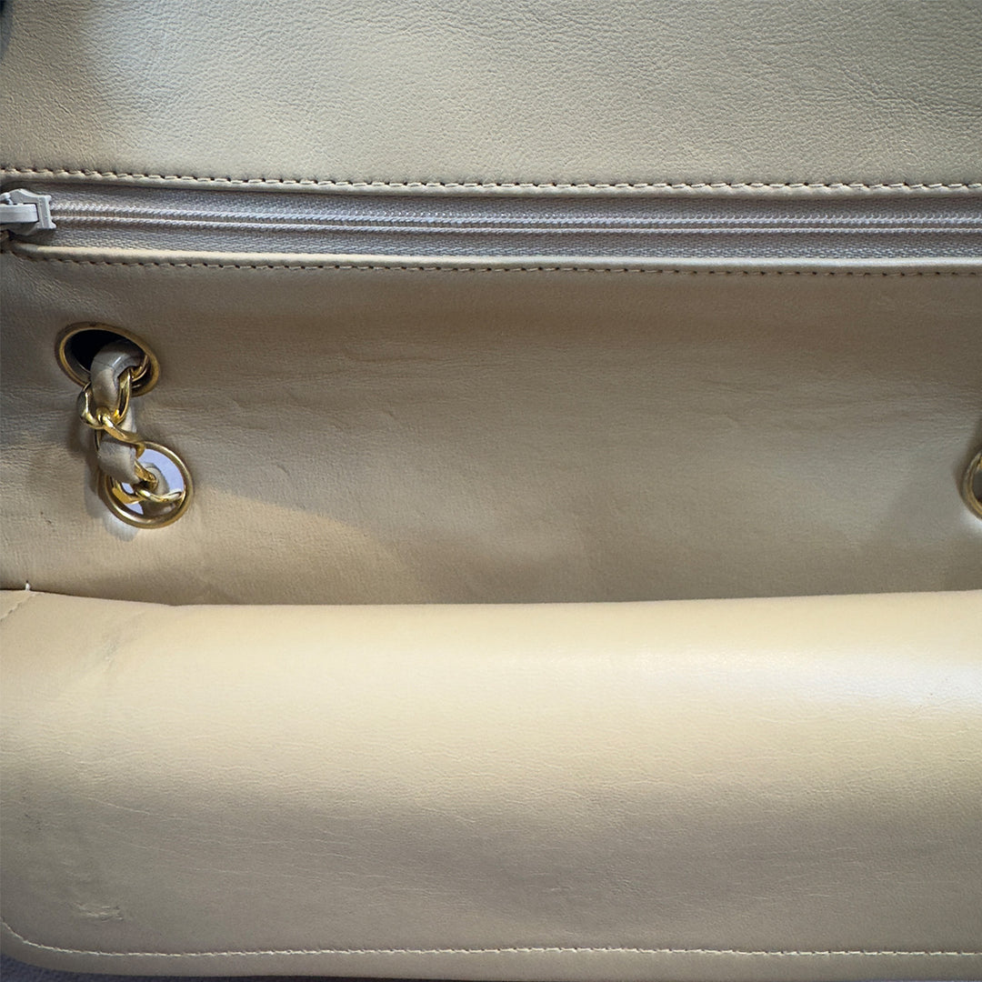 Chanel Vintage Medium Classic Double Flap Bag Beige Lambskin Gold Hardware