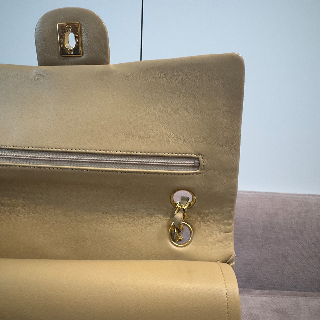 Chanel Vintage Medium Classic Double Flap Bag Beige Lambskin Gold Hardware