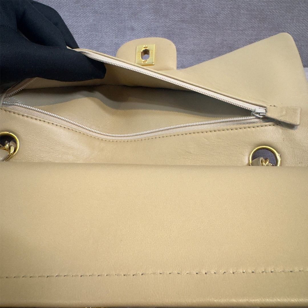 Chanel Vintage Medium Classic Double Flap Bag Beige Lambskin Gold Hardware