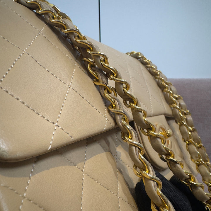 Chanel Vintage Medium Classic Double Flap Bag Beige Lambskin Gold Hardware