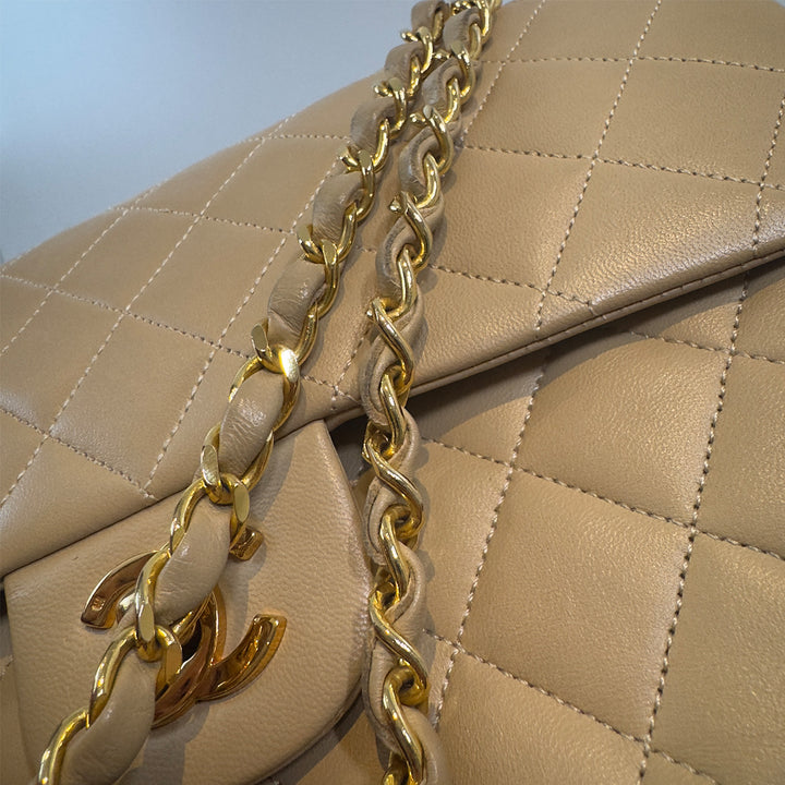 Chanel Vintage Medium Classic Double Flap Bag Beige Lambskin Gold Hardware
