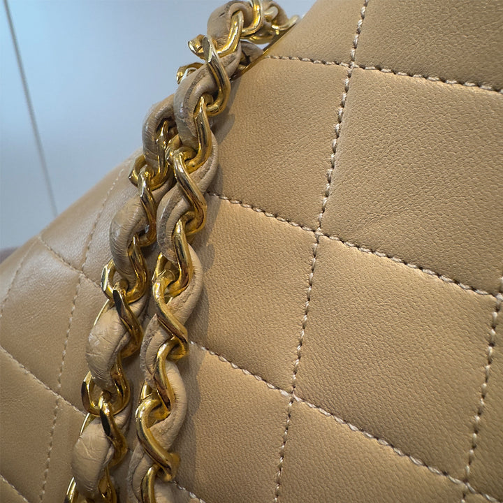 Chanel Vintage Medium Classic Double Flap Bag Beige Lambskin Gold Hardware