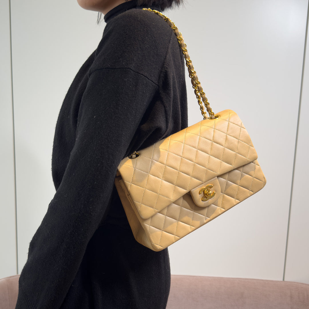 Chanel Vintage Medium Classic Double Flap Bag Beige Lambskin Gold Hardware