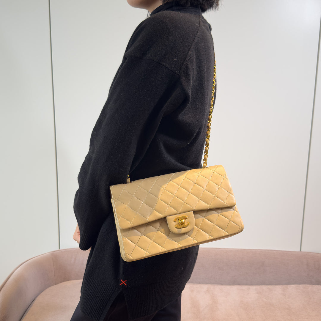 Chanel Vintage Medium Classic Double Flap Bag Beige Lambskin Gold Hardware