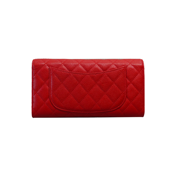 Chanel Classic Quilted Travel Long Wallet Red Caviar Leather Silver Hardware