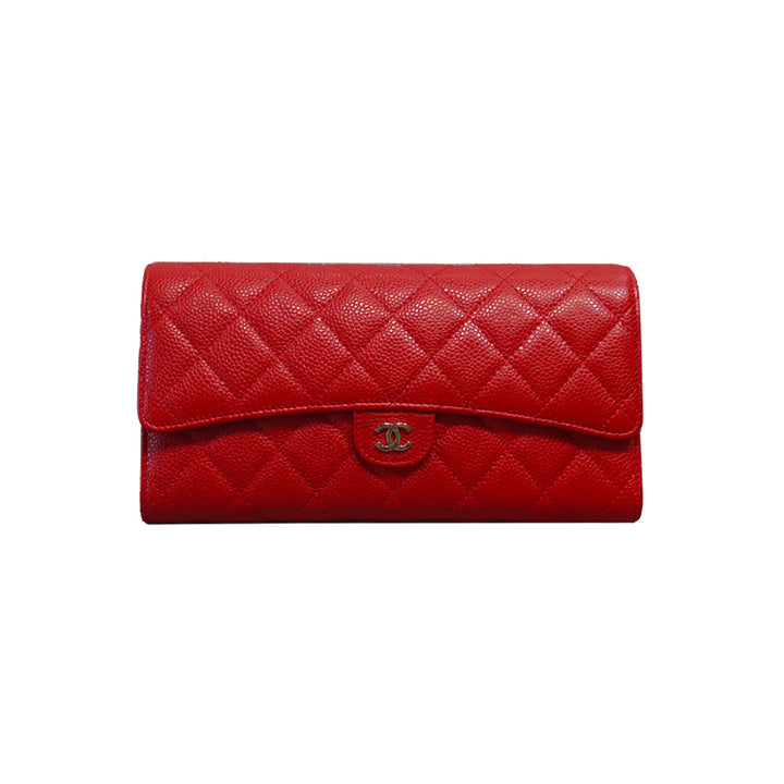 Chanel Classic Quilted Travel Long Wallet Red Caviar Leather Silver Hardware
