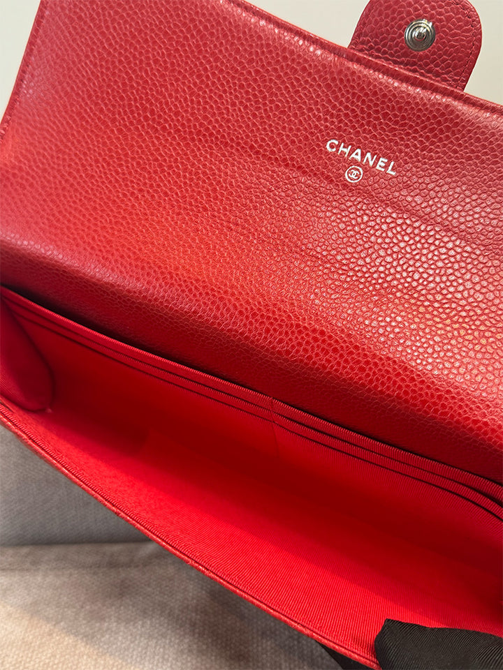 Chanel Classic Quilted Travel Long Wallet Red Caviar Leather Silver Hardware