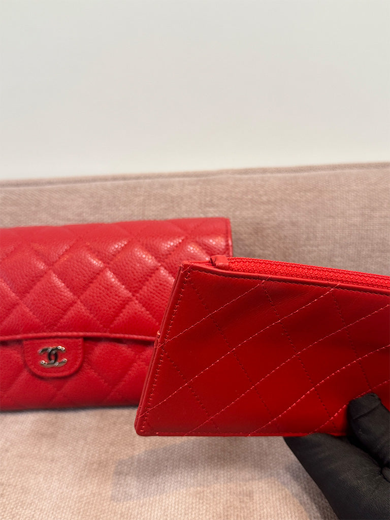 Chanel Classic Quilted Travel Long Wallet Red Caviar Leather Silver Hardware