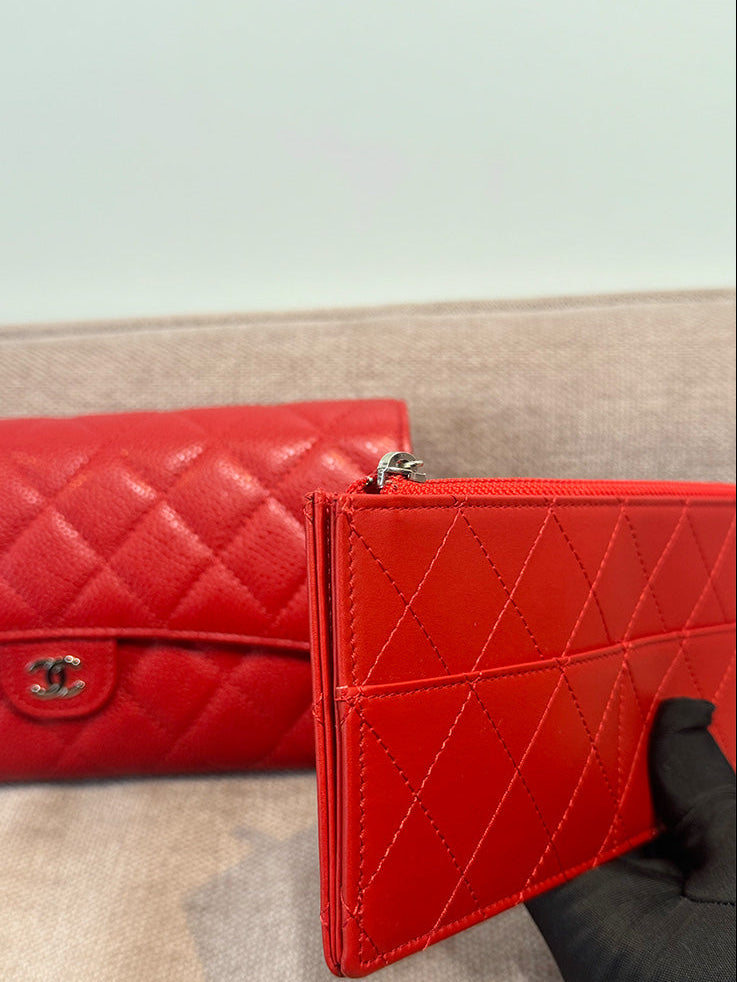 Chanel Classic Quilted Travel Long Wallet Red Caviar Leather Silver Hardware