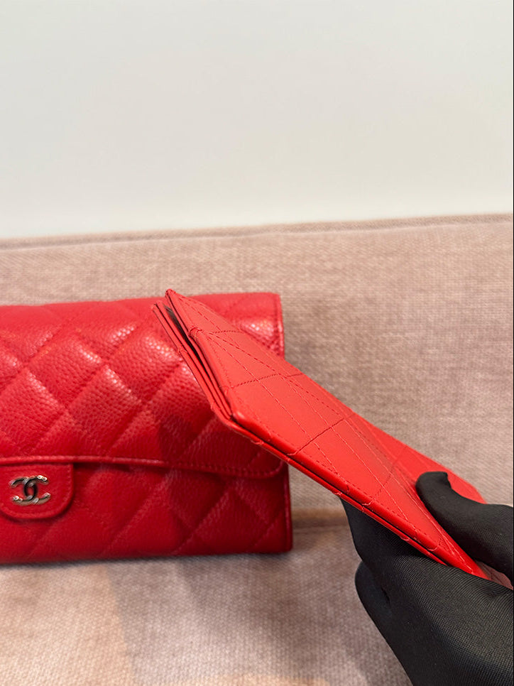 Chanel Classic Quilted Travel Long Wallet Red Caviar Leather Silver Hardware