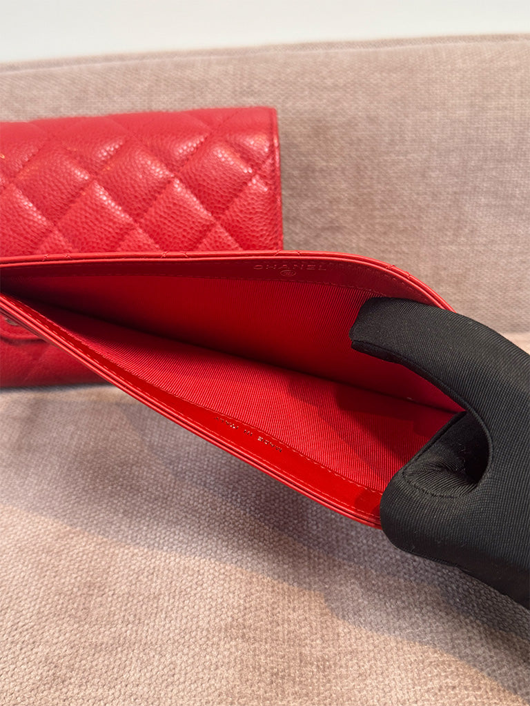 Chanel Classic Quilted Travel Long Wallet Red Caviar Leather Silver Hardware