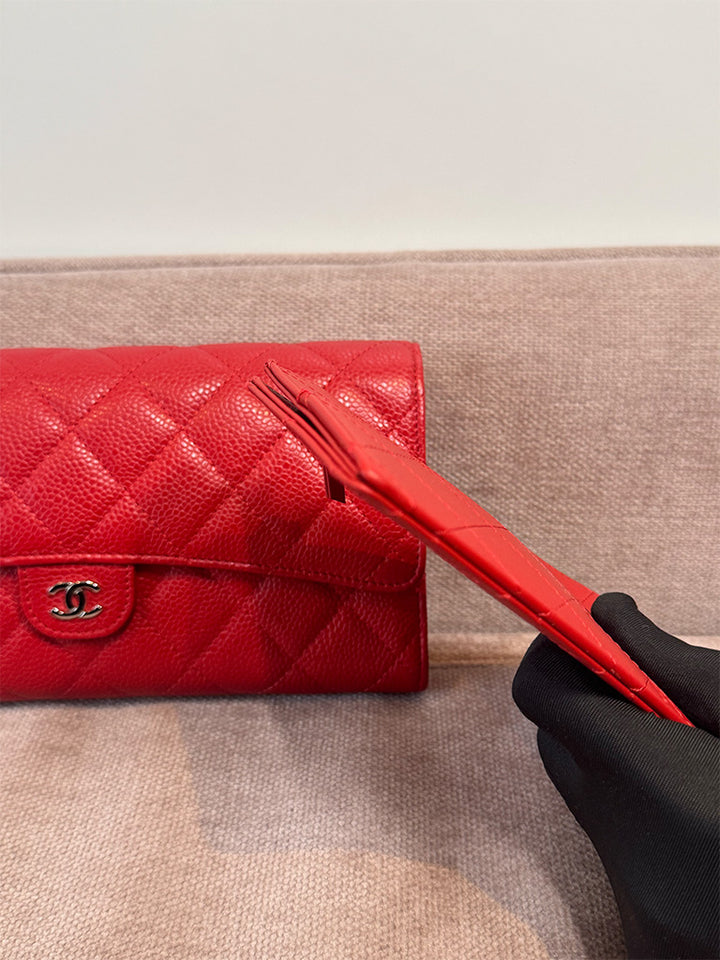 Chanel Classic Quilted Travel Long Wallet Red Caviar Leather Silver Hardware