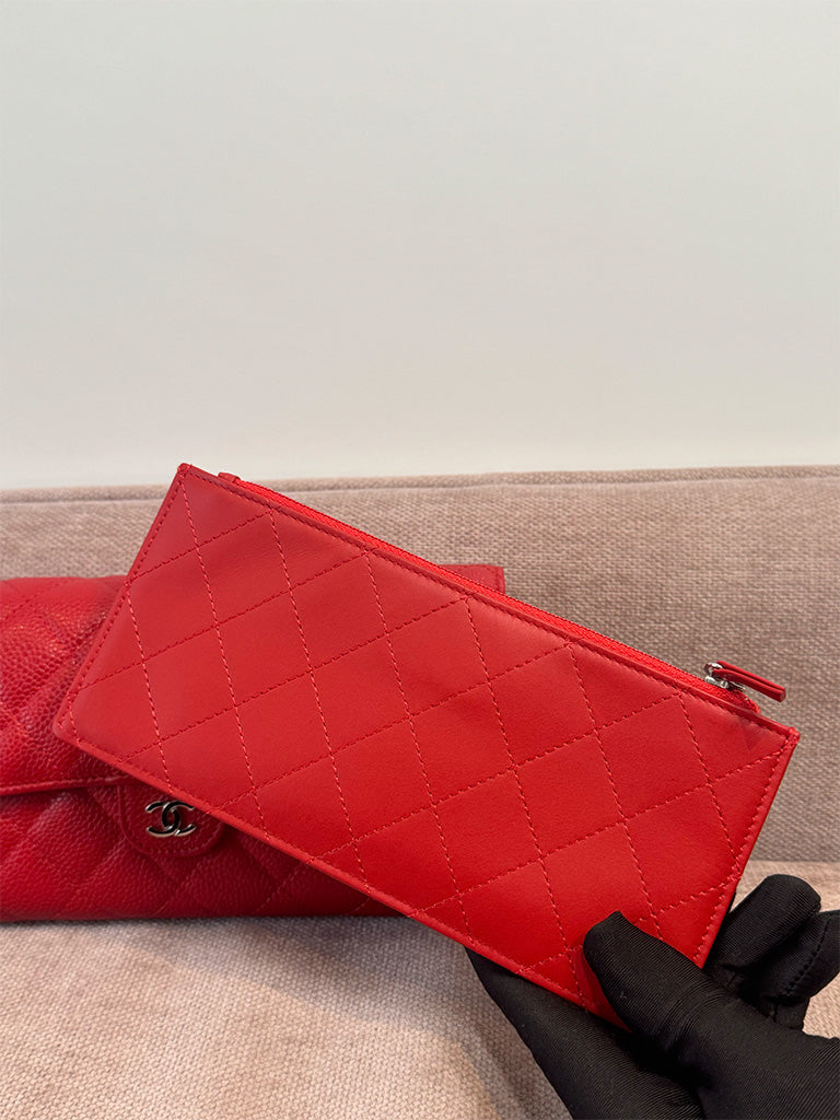 Chanel Classic Quilted Travel Long Wallet Red Caviar Leather Silver Hardware