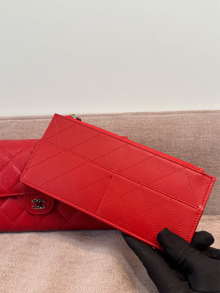 Chanel Classic Quilted Travel Long Wallet Red Caviar Leather Silver Hardware