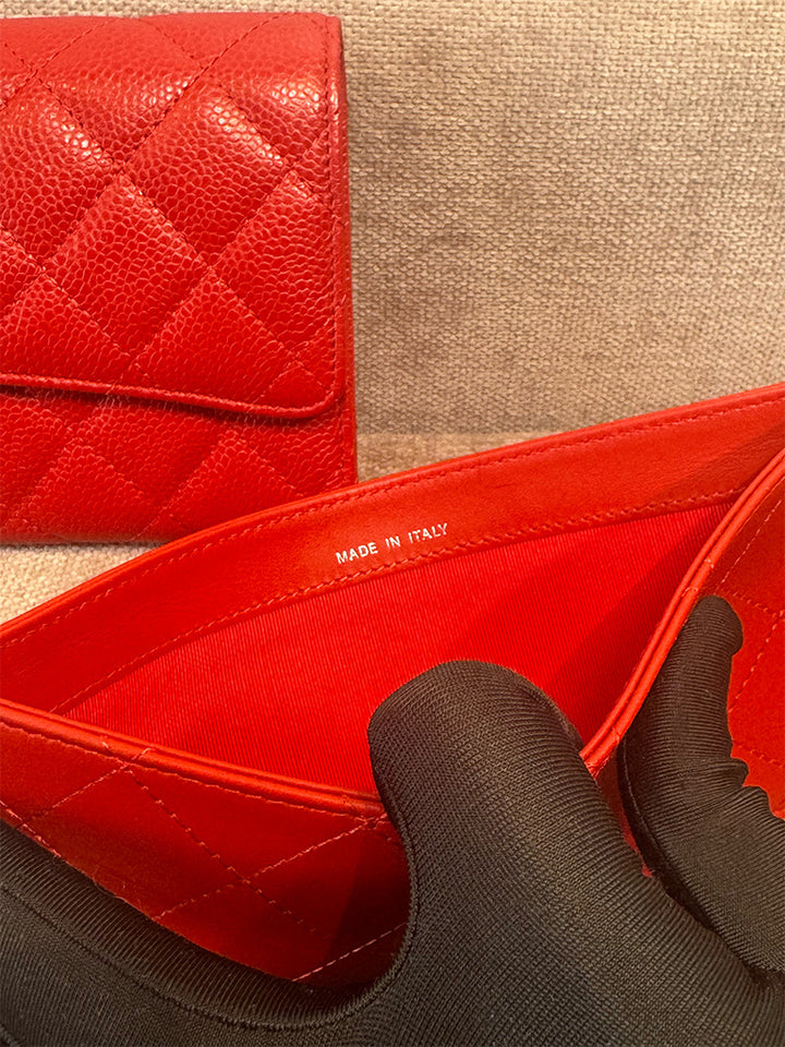 Chanel Classic Quilted Travel Long Wallet Red Caviar Leather Silver Hardware