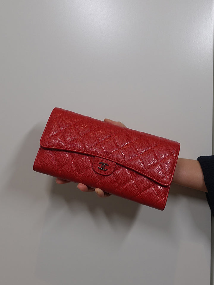 Chanel Classic Quilted Travel Long Wallet Red Caviar Leather Silver Hardware